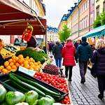 **

*   **Prompt:** A vibrant outdoor market scene in Stockholm, Sweden. Focus on a vendor stall overflowing with organically grown, locally sourced vegetables and berries. Shoppers, some with reusable bags, are browsing. The stall has a sign highlighting "Ekologiskt & Rättvisemärkt" (Organic & Fair Trade). Capture the feeling of a sustainable and eco-conscious shopping experience. Bright, natural lighting.

**