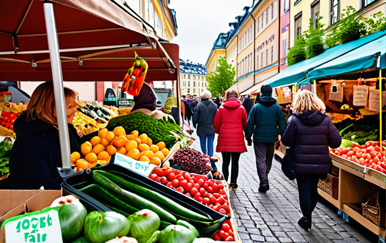 **
* **Prompt:** A vibrant outdoor market scene in Stockholm, Sweden. Focus on a vendor stall overflowing with organically grown, locally sourced vegetables and berries. Shoppers, some with reusable bags, are browsing. The stall has a sign highlighting "Ekologiskt & Rättvisemärkt" (Organic & Fair Trade). Capture the feeling of a sustainable and eco-conscious shopping experience. Bright, natural lighting.
**
