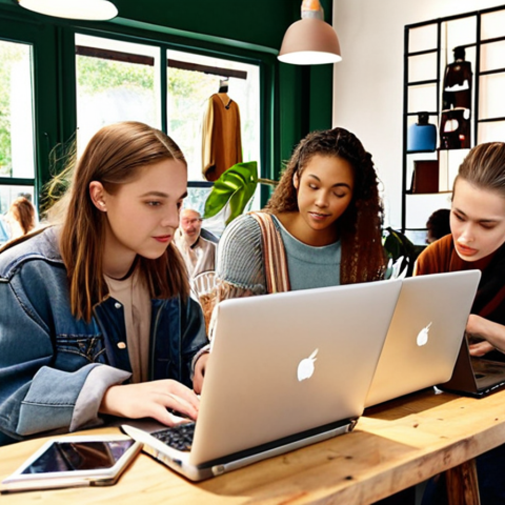 **

A diverse group of young adults (ages 25-35) in a trendy, eco-friendly cafe, some using laptops and others browsing second-hand clothing racks. The atmosphere is bright and modern, emphasizing sustainability and community.

**