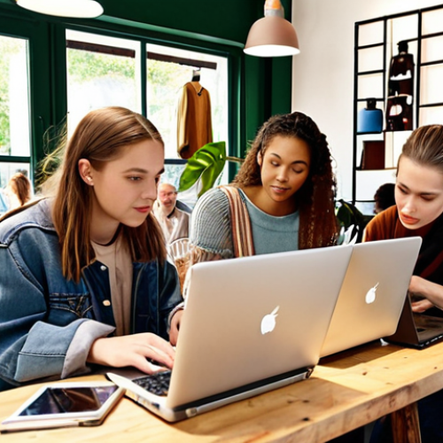 Home 6 **
A diverse group of young adults (ages 25-35) in a trendy, eco-friendly cafe, some using laptops and others browsing second-hand clothing racks. The atmosphere is bright and modern, emphasizing sustainability and community.
**