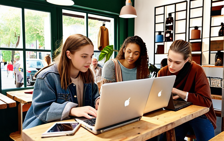 **
A diverse group of young adults (ages 25-35) in a trendy, eco-friendly cafe, some using laptops and others browsing second-hand clothing racks. The atmosphere is bright and modern, emphasizing sustainability and community.
**
