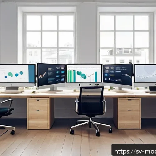Home 17 전략적 시장 기회를 위한 평가 커뮤니케이션 - A modern Scandinavian office environment with a diverse marketing team actively monitoring real-time...