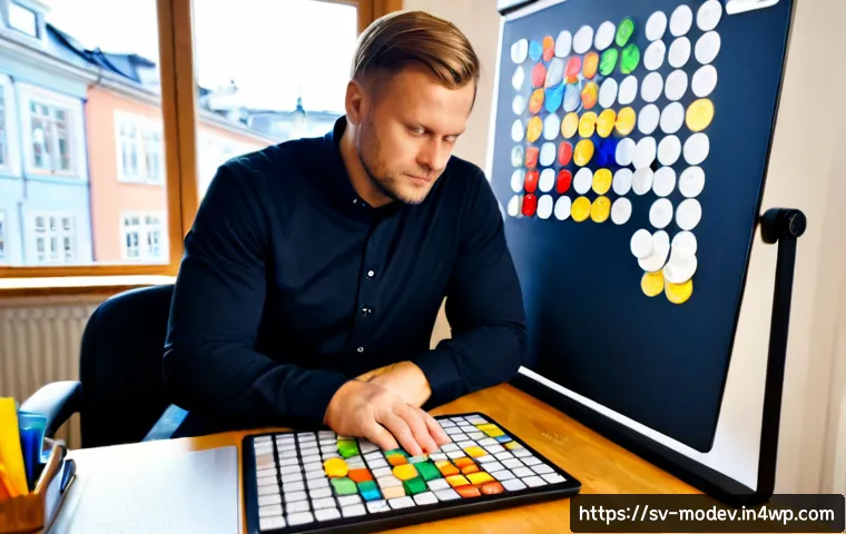 Home 17 시장 기회 평가 모델의 성과 평가 매트릭스 - Photorealistic Swedish business analyst in a bright Stockholm-style office, reviewing a market oppor...
